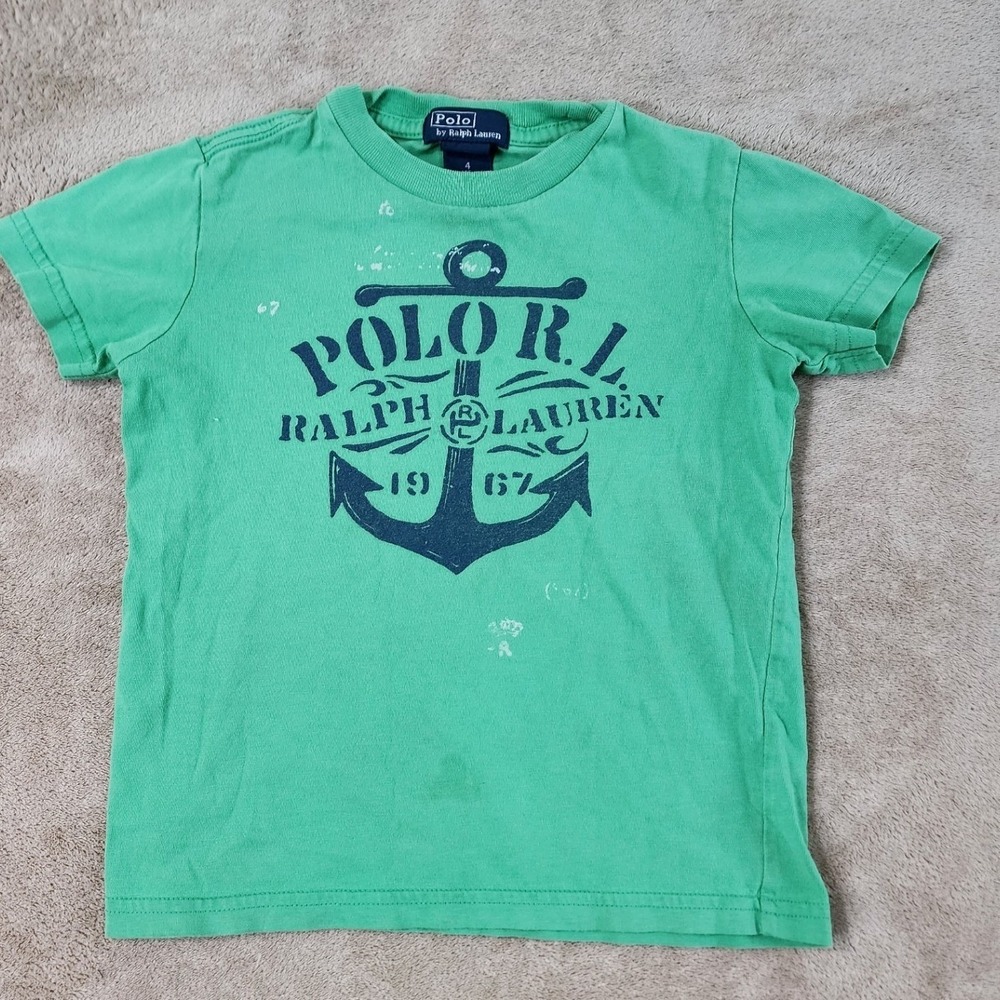 Polo Ralph Lauren T-shirt kids size 4 Green 100% cotton Short Sleeve EUC